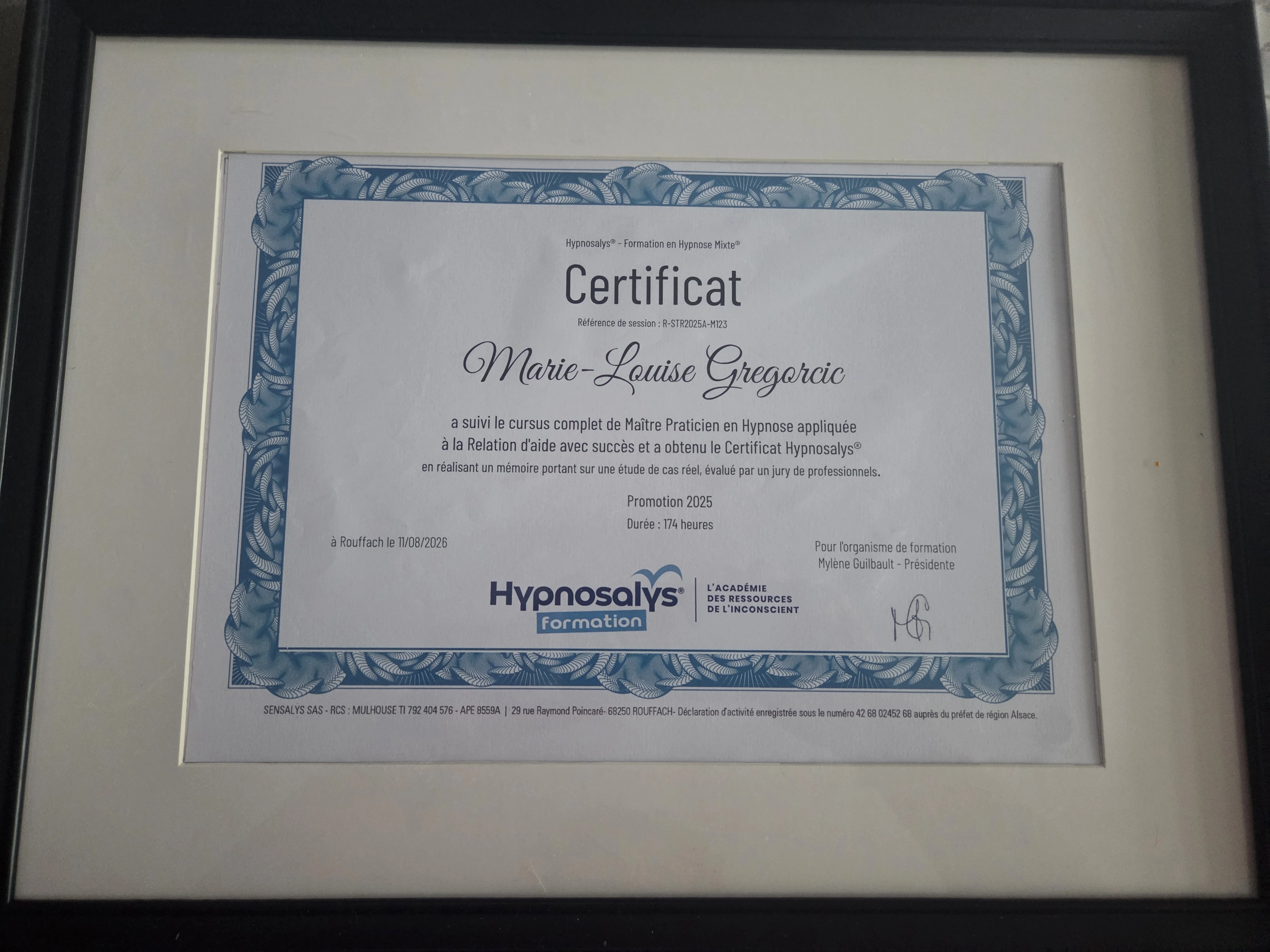 certificat hypnose marie louise gregorcic forbach moselle hypnosalys hypnotherapeute certifiee